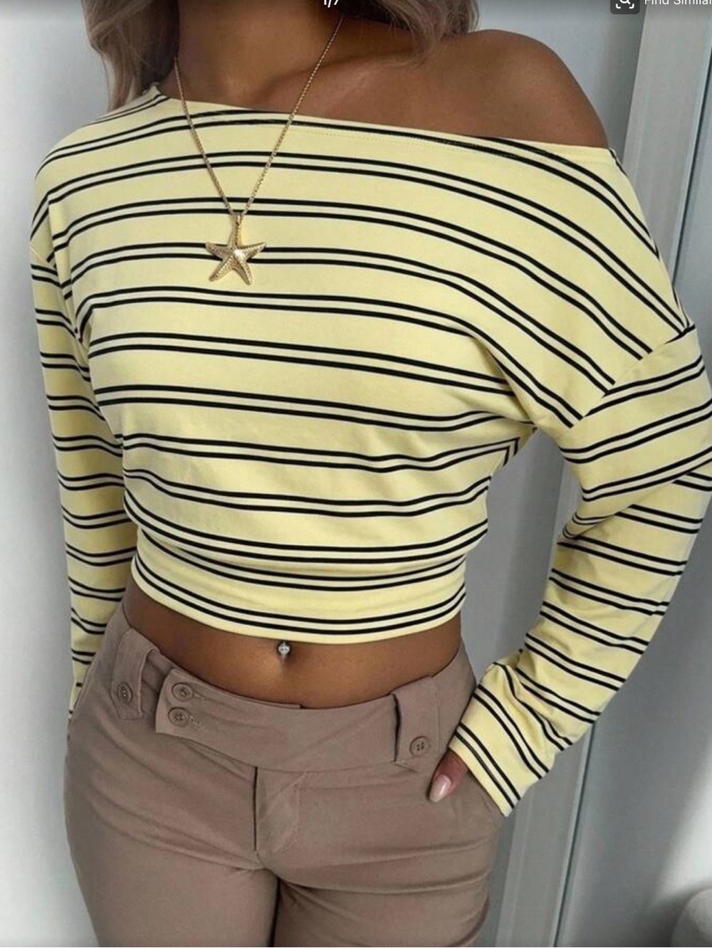 Off-Shoulder Striped Knit Crop Top in Yellow